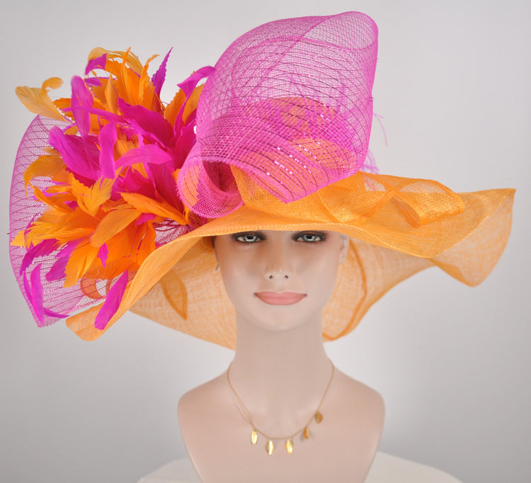 Orange W Hot Pink Jumbo Bow and Feather Flowers Kentucky Derby Hat, Tea Party Hat Wide Brim Sinamay Hat Off White / Tell Me Your Want