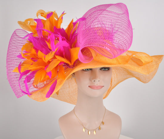 Orange w Hot Pink Jumbo Bow and Feather Flowers Kentucky Derby Hat, Tea Party Hat Wide Brim Sinamay  Hat