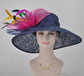 Navy Blue  w Hot Pink Yellow Green Feather Flowers  Peacock Feathers  Kentucky Derby Hat Tea Party Carriage Party   Wide Brim  Sinamay Hat