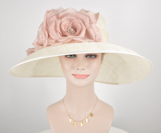 Church Kentucky Derby HatCarriage Tea Party Wedding Wide Brim  Royal  Hat  Sinamay Hat Off White /Ivory w Dusty Pink Silk Flower