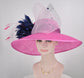 Church Kentucky Derby Hat Carriage Tea Party Wedding Wide Brim Hat in Solid Sinamay Hat Hot Pink w Navy Blue Pale Pink Jumbo Bows