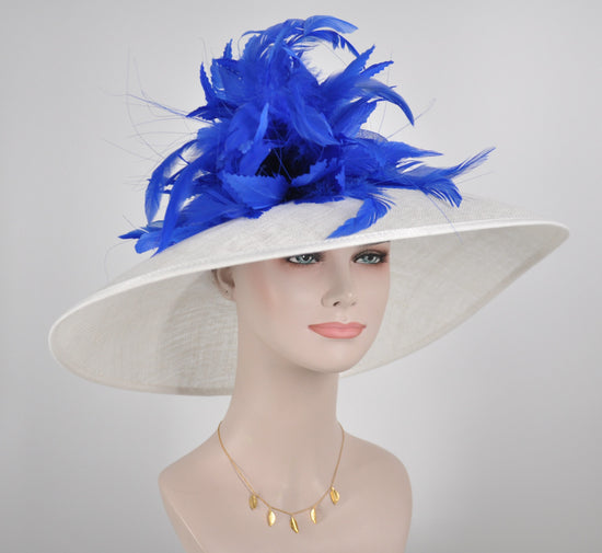 Church Kentucky Derby Hat Carriage Tea Party Wedding Wide Brim  Royal  Hat  Sinamay Hat White w Dusty Pink Feather Flower