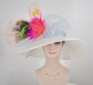 Church Kentucky Derby Hat Wide Brim Sinamay Hat   Carriage Tea Party Wedding  White with Colorful Feather Flower Peacock Feathers