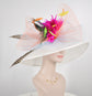 Church Kentucky Derby Hat Wide Brim Sinamay Hat   Carriage Tea Party Wedding  White with Colorful Feather Flower Peacock Feathers