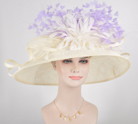 Church Kentucky Derby Hat Carriage Tea Party Wedding    Feather Flower and Bows Off White / Ivory Lavender