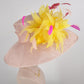 Dusty Pink W Yellow  Feather Flower Burgundy Hot Pink Colorful Feathers Kentucky Derby Hat ,Tea Party Carriage Party