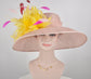 Dusty Pink W Yellow  Feather Flower Burgundy Hot Pink Colorful Feathers Kentucky Derby Hat ,Tea Party Carriage Party