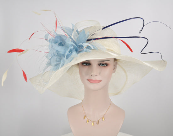 off White/ Ivory w Powder Blue Feather Flower  Feathers Wide Brim Sinamay Hat Kentucky Derby Hat, Church  Wedding Hat, Easter Hat