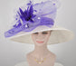 Church Kentucky Derby Hat Wide Brim Sinamay Hat Carriage Tea Party Wedding  White with Purple