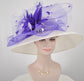 Church Kentucky Derby Hat Wide Brim Sinamay Hat Carriage Tea Party Wedding  White with Purple