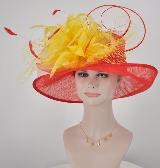 Church Kentucky Derby Hat Carriage Tea Party Wedding  Feather Flowers  Jumbo Bows and Ostrich  Quills Red w Yellow