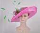 Church Kentucky Derby HatCarriage Tea Party Wedding Wide Brim  Royal Ascot Horse Race Oaks day hatHot Pink W Green