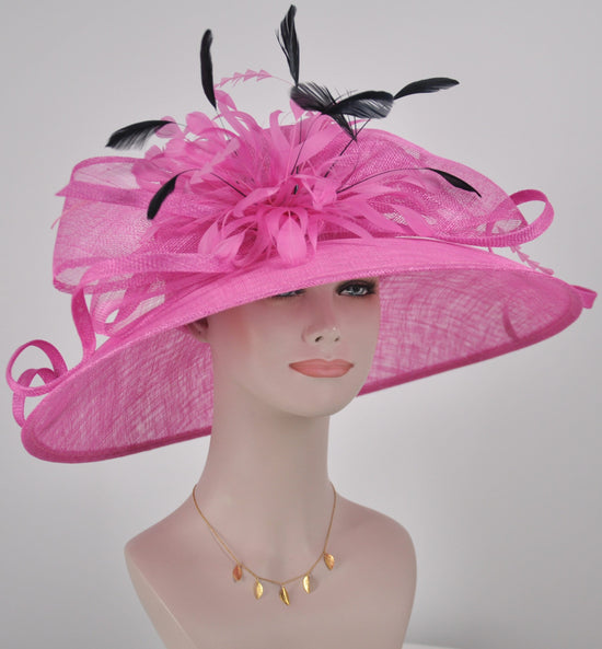 Church Kentucky Derby HatCarriage Tea Party Wedding  With Jumbo Feather Flower and Bows  Hot Pink w Black