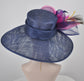 Navy Blue  w Hot Pink Yellow Green Feather Flowers  Peacock Feathers  Kentucky Derby Hat Tea Party Carriage Party   Wide Brim  Sinamay Hat