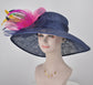 Navy Blue  w Hot Pink Yellow Green Feather Flowers  Peacock Feathers  Kentucky Derby Hat Tea Party Carriage Party   Wide Brim  Sinamay Hat