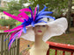 White w Royal Blue Hot Pink  Feathers   Kentucky Derby Hat,   Tea Party Hat Wide Brim  Sinamay  Hat