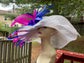 White w Royal Blue Hot Pink  Feathers   Kentucky Derby Hat,   Tea Party Hat Wide Brim  Sinamay  Hat