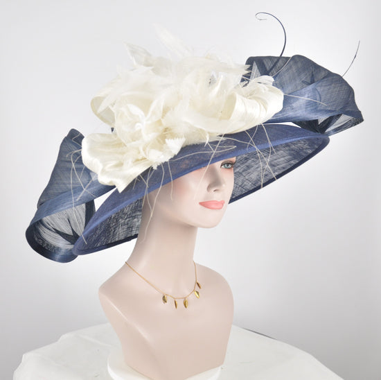 Church Kentucky Derby Hat  Carriage Tea Party Wedding  Navy Blue w Ivory Feather  Feather,Huge Silk Abaca Bows, Quills