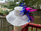 White w Royal Blue Hot Pink  Feathers   Kentucky Derby Hat,   Tea Party Hat Wide Brim  Sinamay  Hat