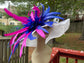 White w Royal Blue Hot Pink  Feathers   Kentucky Derby Hat,   Tea Party Hat Wide Brim  Sinamay  Hat