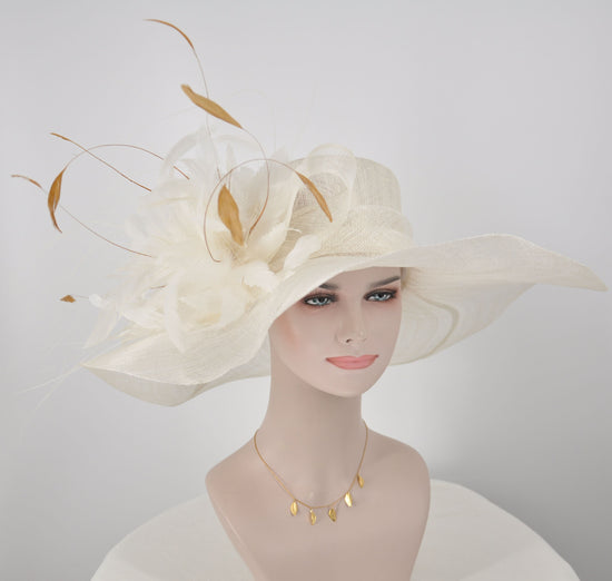 Feather Flower Netting Bow Kentucky Derby Hat, Church Hat, Wedding Easter Hat,  off White/ Ivory W  Pale Gold