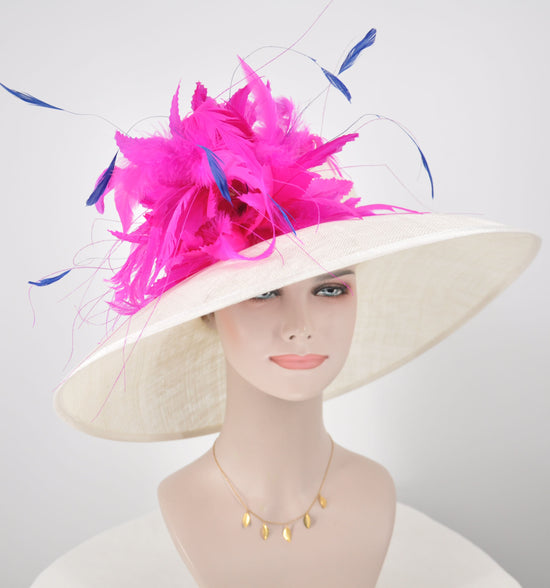 Church Kentucky Derby HatCarriage Tea Party Wedding Wide Brim   Sinamay Hat Ivory  w Hot Pink Feather Flower and Blue  Feathers