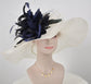 White w Navy Blue Feathers Kentucky Derby Hat, Church Hat, Wedding Hat, Easter Hat, Tea Party Hat Wide Brim  Sinamay  Hat