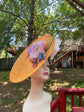 Orange Sinamay  Disc Fascinator Hat with  Jumbo Silk and  Feather Flowers