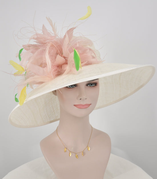 Church Kentucky Derby HatCarriage Tea Party Wedding Wide Brim  Royal  Hat  Sinamay Hat Off White /Ivory w Dusty Pink Feather  Flower