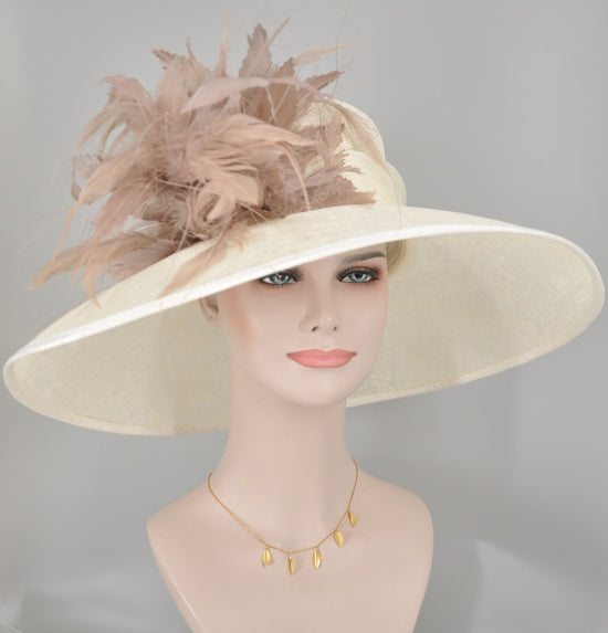 Church Kentucky Derby HatCarriage Tea Party Wedding Wide Brim  Royal  Hat  Sinamay Hat Off White /Ivory w Taupe Feather Flower