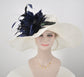 White w Navy Blue Feathers Kentucky Derby Hat, Church Hat, Wedding Hat, Easter Hat, Tea Party Hat Wide Brim  Sinamay  Hat