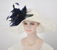 White w Navy Blue Feathers Kentucky Derby Hat, Church Hat, Wedding Hat, Easter Hat, Tea Party Hat Wide Brim  Sinamay  Hat