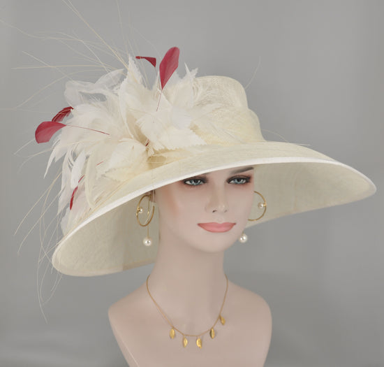 Church Kentucky Derby HatCarriage Tea Party Wedding Wide Brim  Royal  Hat  Sinamay Hat Off White /Ivory w Burgundy Feather Flower