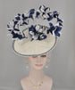 White W Navy Blue Sinamay Disc Fascinator Hat with  Jumbo Goose Feather Flower