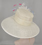 Church Kentucky Derby Hat Carriage Tea Party Wedding Wide Brim   Sinamay Hat Off White /Ivory w Hot Pink Powder Blue Feather Flower