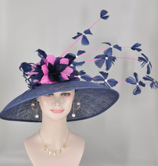 Navy Blue w Hot Pink  Feather Flowers Kentucky Derby Hat Tea Party Carriage Party Royal Ascot Oaks day hat