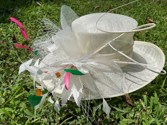 Church Kentucky Derby HatCarriage  Tea Party Wedding   Feather Flowers w Ostrich Quills Ivory w Green Orange Hot Pink