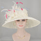 Church Kentucky Derby Hat Carriage Tea Party Wedding Wide Brim   Sinamay Hat Off White /Ivory w Hot Pink Powder Blue Feather Flower