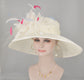 Church Kentucky Derby Hat Carriage Tea Party Wedding Wide Brim   Sinamay Hat Off White /Ivory w Hot Pink Powder Blue Feather Flower