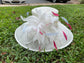 Church Kentucky Derby Hat Carriage Tea Party Wedding Wide Brim   Sinamay Hat Off White /Ivory w Hot Pink Powder Blue Feather Flower