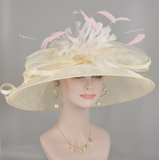 Church Kentucky Derby Hat Carriage Tea Party Wedding  Jumbo Feather Flower and Bows Off White / Ivory w Taupe