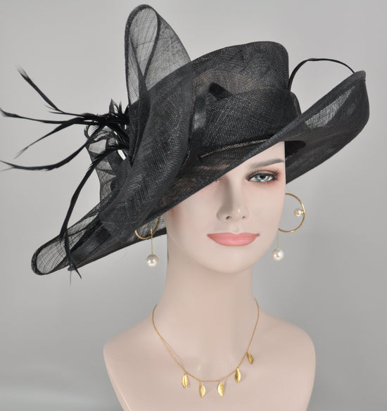 Wide Brim Kentucky Derby Floppy Sinamay Hat With Flowers  Millinery Church Carriage Tea Party Wedding  Hat Black