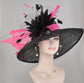 Black w Hot Pink  Kentucky Derby,Tea Party Carriage Party  Wide Brim  Sinamay Hat