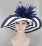 Navy Blue and White  w  Feather Flowers Kentucky Derby Hat, Tea Party Hat Wide Brim  Sinamay W Straw Hat