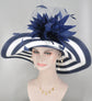 Navy Blue and White  w  Feather Flowers Kentucky Derby Hat, Tea Party Hat Wide Brim  Sinamay W Straw Hat