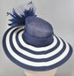 Navy Blue and White  w  Feather Flowers Kentucky Derby Hat, Tea Party Hat Wide Brim  Sinamay W Straw Hat