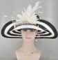 Black w White Feather Flowers Kentucky Derby Hat, Tea Party Hat Wide Brim  Sinamay W Straw Hat