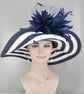 Navy Blue and White  w  Feather Flowers Kentucky Derby Hat, Tea Party Hat Wide Brim  Sinamay W Straw Hat