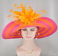 Hot Pink w Orange Feather Flowers Kentucky Derby Hat, Tea Party Hat Wide Brim  Sinamay W Straw Hat