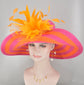 Hot Pink w Orange Feather Flowers Kentucky Derby Hat, Tea Party Hat Wide Brim  Sinamay W Straw Hat